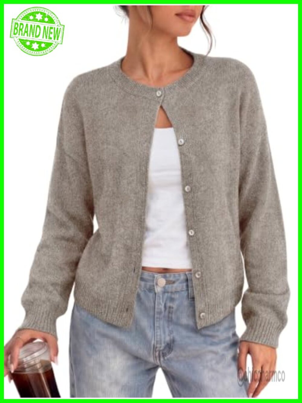 Womens Crew Neck Button Down Cardigan Sweater Soft Knit - Picture 1 of 6